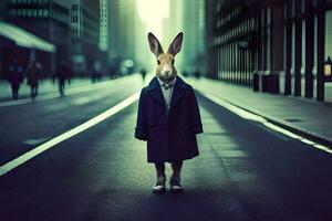 a rabbit in a coat standing in the middle of a city street. AI-Generated photo