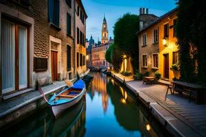 a boat is docked in a narrow canal in a city. AI-Generated photo