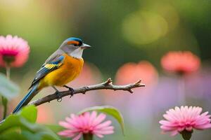a colorful bird sits on a branch in front of pink flowers. AI-Generated photo