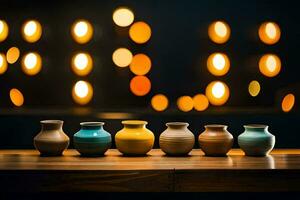 a row of vases on a table in front of a lit up background. AI-Generated photo