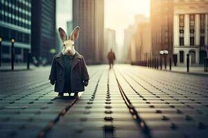 a rabbit in a coat standing on a street. AI-Generated photo