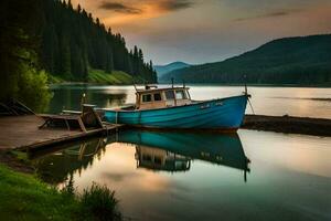 a boat docked on the shore of a lake. AI-Generated photo
