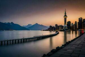 el ver desde el muelle de el ciudad de taipei a puesta de sol. generado por ai foto