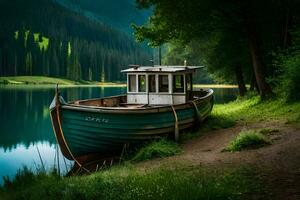 a boat sits on the shore of a lake. AI-Generated photo