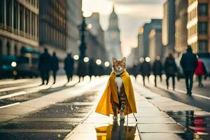 a cat wearing a yellow cape walks down a city street. AI-Generated photo