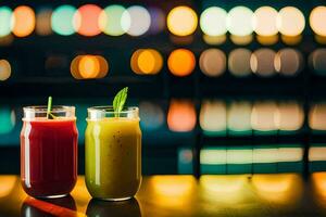 two glasses of juice on a table in front of a blurred background. AI-Generated photo