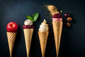 three ice cream cones with different flavors. AI-Generated photo