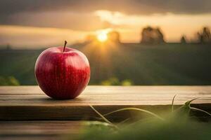 red apple on a wooden table in front of the sunset. AI-Generated photo