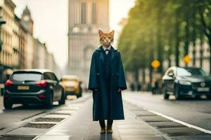 a fox in a coat standing on the street. AI-Generated photo