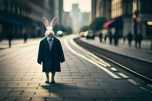 a rabbit wearing a suit and tie standing on a city street. AI-Generated photo