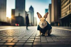 a rabbit in a blue jacket sitting on the ground. AI-Generated photo