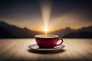 a cup of coffee on a table with mountains in the background. AI-Generated photo