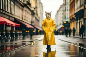 un gato vistiendo un amarillo impermeable en un lluvioso calle. generado por ai foto