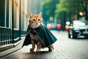 a cat wearing a cape on a city street. AI-Generated photo