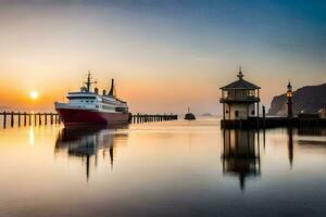 a boat is docked at the pier at sunset. AI-Generated photo