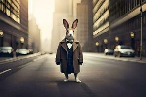 a rabbit wearing a suit and tie standing in the middle of a city street. AI-Generated photo