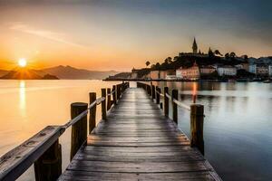 a wooden pier stretches out into the water at sunset. AI-Generated photo