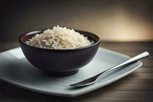 a bowl of rice on a plate with a spoon. AI-Generated photo