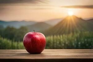 a red apple sits on a wooden table in front of a sunset. AI-Generated photo