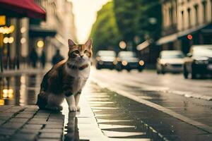 un gato es en pie en el calle en el lluvia. generado por ai foto