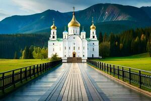 a white church in the middle of a field. AI-Generated photo