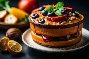 a cake with fruit and nuts on top. AI-Generated photo