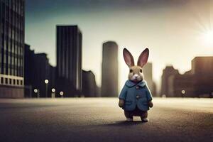 a rabbit in a blue coat standing in the middle of a city. AI-Generated photo