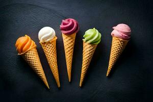 ice cream in a cone on a black background. AI-Generated photo