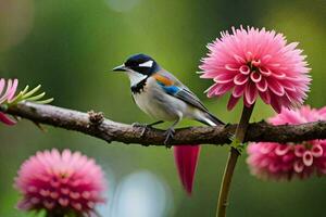 a bird sitting on a branch with pink flowers. AI-Generated photo