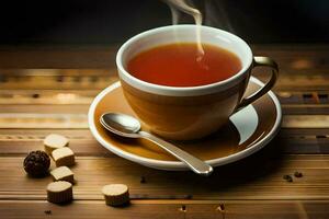 a cup of tea on a wooden table. AI-Generated photo