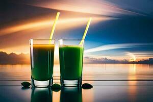 dos lentes de verde jugo con pajitas en el playa. generado por ai foto