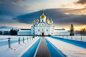 a white church with golden domes in the snow. AI-Generated photo