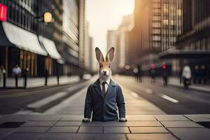 a rabbit wearing a suit and tie standing on the street. AI-Generated photo