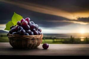 grapes in a basket, sunset, nature, hd wallpaper. AI-Generated photo