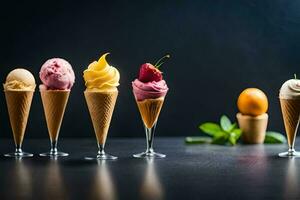 different flavors of ice cream in cones on a black background. AI-Generated photo