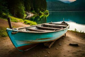 un barco se sienta en el apuntalar de un lago. generado por ai foto