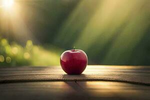 an apple sits on a table in front of a green background. AI-Generated photo