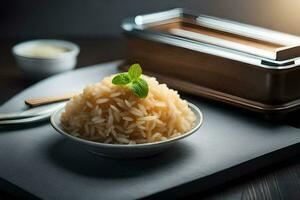 un cuenco de arroz con menta hojas en un mesa. generado por ai foto