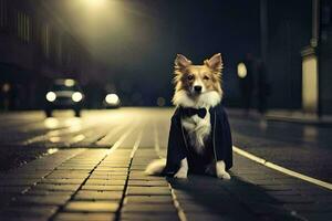 a dog in a tuxedo sitting on the street at night. AI-Generated photo