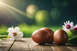 three brown eggs are placed on a wooden table with daisies and flowers in the background. AI-Generated photo