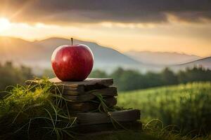 an apple sits on top of a stack of wood in front of a sunset. AI-Generated photo
