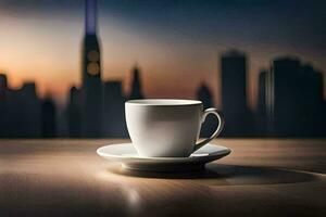 a coffee cup sits on a table in front of a cityscape. AI-Generated photo