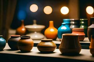 a row of colorful vases on a table. AI-Generated photo