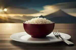 a bowl of rice on a plate with a fork and knife. AI-Generated photo