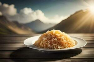 a plate of rice on a wooden table. AI-Generated photo