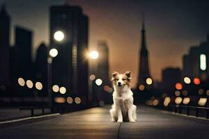 un perro sentado en un puente en frente de un ciudad a noche. generado por ai foto