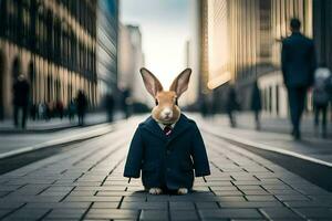 un Conejo vestido en un traje y Corbata en pie en un calle. generado por ai foto