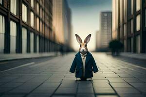 a rabbit in a suit stands in the middle of a city street. AI-Generated photo