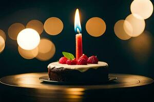 a birthday cake with a single candle. AI-Generated photo