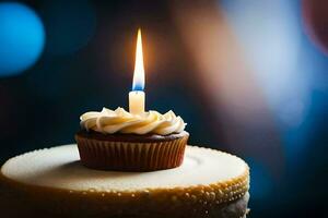 a cupcake with a single candle on top. AI-Generated photo